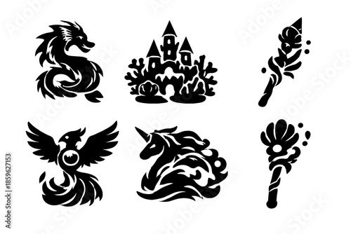 Ocean Fantasy Icons. Solid style icons of Ocean Fantasy: water dragon, coral castle, kelp wand, pearl phoenix, wave unicorn,