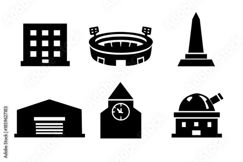 Urban Structure Icons. Solid style icons of Urban Structures: apartment square, stadium oval, monument triangle, warehouse