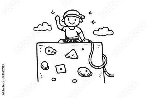 Climber's Victory Doodle. Doodle-style vector icon of career summit reached, climber smiling at the top of the wall, project holds