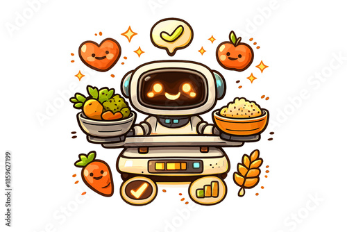 Friendly Kitchen Helper. Doodle-style vector icon of a kitchen nutrition assistant weighing vegetables and grains, glowing