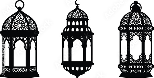 Traditional Islamic Lantern Silhouette Vector Set on White Background