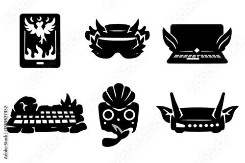 Legendary Device Icons. Solid style icons of Legendary Devices: phoenix tablet, dragon VR headset, elf laptop, troll keyboard,