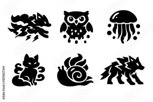 Elemental Fantasy Animals. Solid style icons of Elemental Fantasy Animals: storm fox, drizzle owl, hail jellyfish, mist cat,
