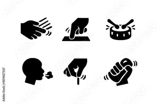 Expressive Gesture Icons. Solid vector icons of expressive gestures: strum, tap, beat, blow, pluck, shake No text, No labels,