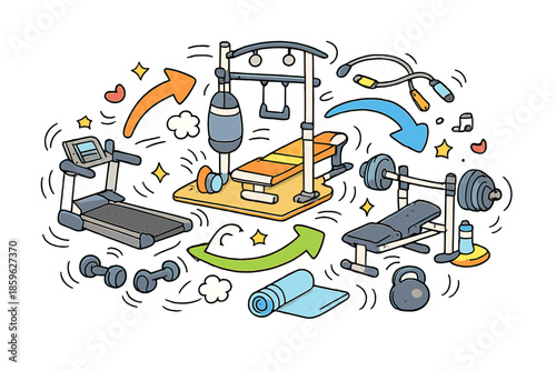 Transforming Home Gym. Doodle-style vector icon of a transformable home gym beginning to change, arrows and motion lines showing