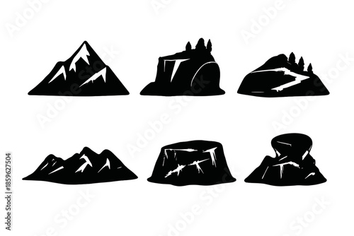 Elevated Landscapes Icons. Solid vector icons of elevated landscapes: mountain peak, cliff, hilltop, ridge, plateau, rock outcrop