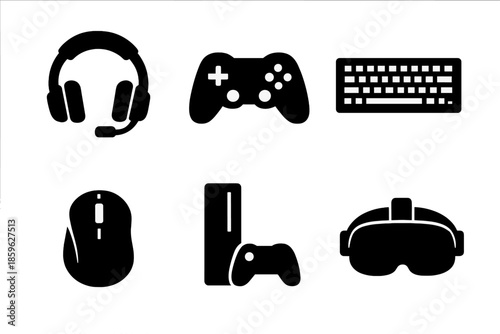 Gaming Gear Icons. Solid vector icons of gaming gear: headset, controller, keyboard, mouse, console, VR headset No text, No labels
