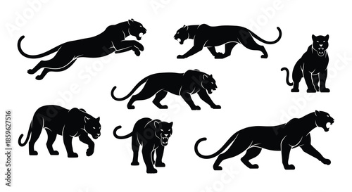 Black panther silhouettes in various poses stalking leaping sitting and head profile