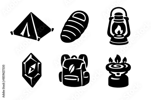 Camping Gear Icons. Solid style icons of Camping Gear: tent prism, sleeping bag pebble, lantern flame, compass crystal, backpack