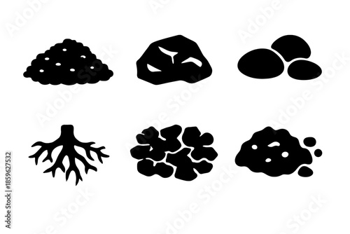 Earth Texture Icons. Solid vector icons of earth and soil textures: soil mound, rock, pebble, root, clay patch, dirt clod No text,