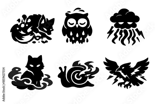 Weather Creature Icons. Solid style icons of Weather Creatures: hail fox, drizzle owl, storm jellyfish, mist cat, aurora snail,