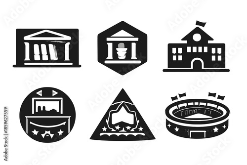 Geometric Public Space Icons. Solid style icons of Public Spaces: library rectangle, museum hexagon, town hall pentagon, gallery