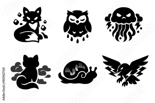 Weather Creature Icons. Solid style icons of Weather Creatures: hail fox, drizzle owl, storm jellyfish, mist cat, aurora snail,