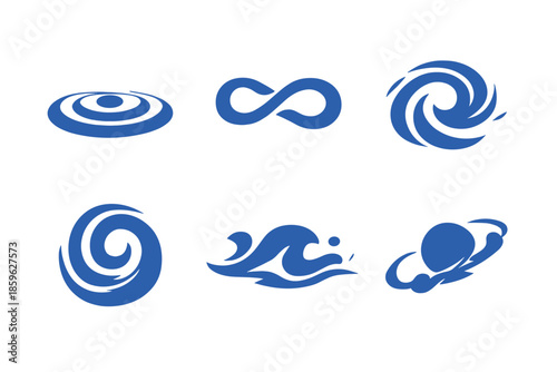 Abstract Motion Icons. Solid vector icons of abstract movement and flow: ripple, loop, swirl, spiral, wave, orbit No text, No