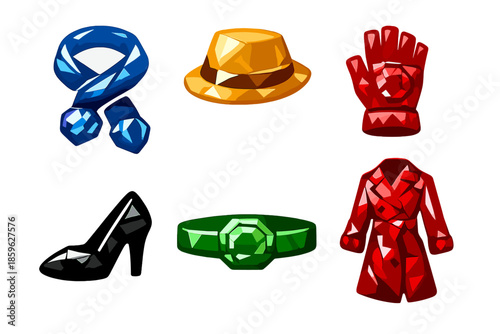 Gemstone Apparel Icons. Solid style icons of Gemstone Apparel: sapphire scarf, topaz hat, garnet glove, onyx shoe, jade belt, ruby
