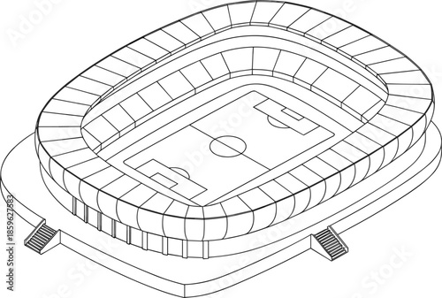 Isometric sports stadium vector illustration, modern soccer arena with football pitch and grandstands technical line art sketch