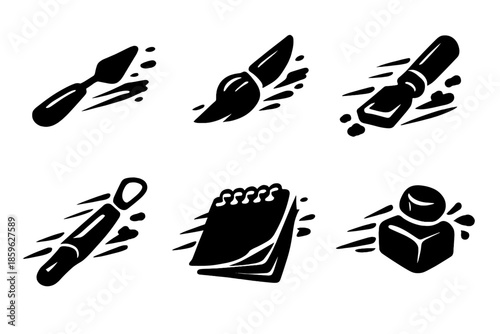 Artistic Tools in Motion. Solid vector icons of artistic tools in motion: palette knife, paintbrush, chisel, clay tool, sketchpad,