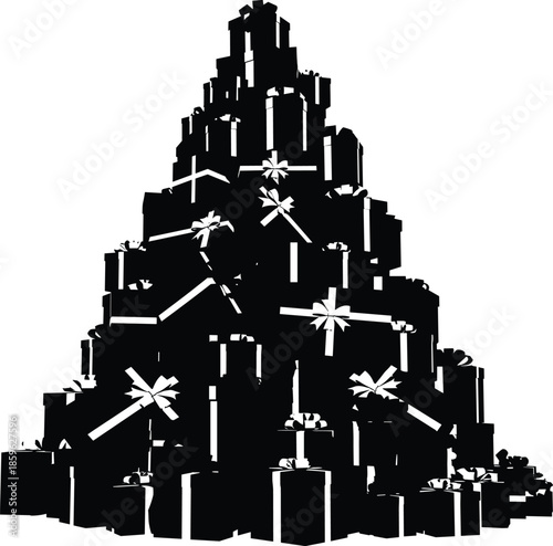 A large pyramid of black gift boxes with white ribbons creating a festive holiday display