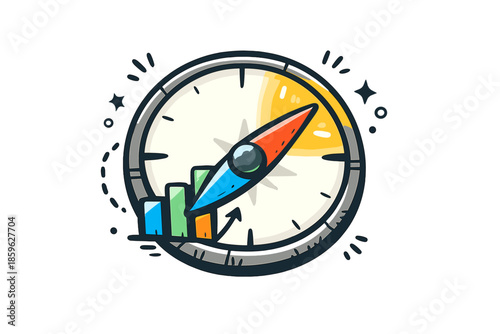 Data Compass Icon. Doodle-style vector icon of a data-driven compass, needle dynamically aiming at the most important direction,
