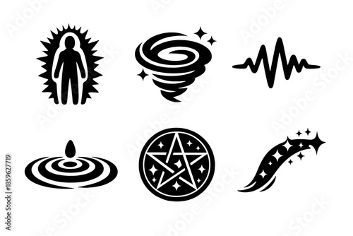 Mystical Energy Icons. Solid vector icons of mystical energy: aura, magic swirl, pulse, ripple, sigil, spark trail No text, No