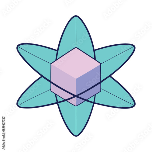 Stylized atom model with pastel cube and turquoise orbital shapes symbolizing science