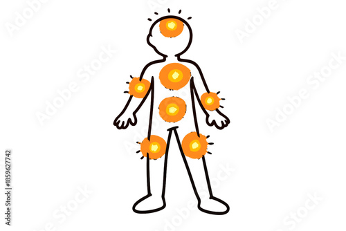 Detox Progress Illustration. Doodle-style vector icon of a stylized body map showing detox progress, several body zones lighting