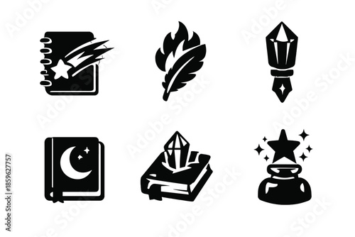 Artistic Tool Icons. Solid style icons of Artistic Tools: sketchbook comet, quill flame, pen crystal, notebook moon, journal prism