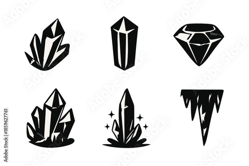 Crystalline Icon Creations. Solid vector icons of crystalline forms: shard, prism, gem, quartz, ice spike, stalactite No text, No