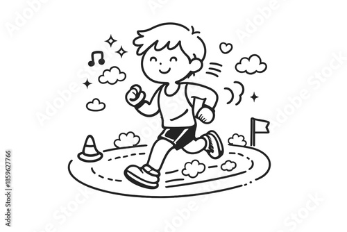 Runner's Confident Posture. Doodle-style vector icon of a runner learning proper form, slightly more confident posture, bent arms,
