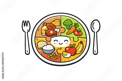 Balanced Nutrient Puzzle. Doodle-style vector icon of a completed culinary health puzzle, all nutrient segments perfectly