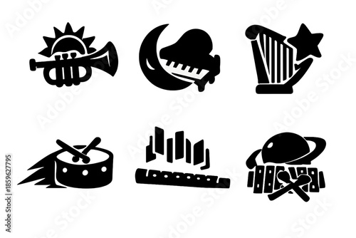 Sky Instruments Icons. Solid style icons of Sky Instruments: sun trumpet, moon piano, star harp, comet drum, aurora flute, eclipse