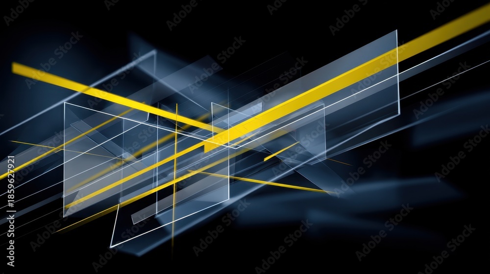 Obraz premium Abstract futuristic design featuring geometric shapes and dynamic lines in shades of blue, gray, and yellow, perfect for modern backgrounds and wallpapers.