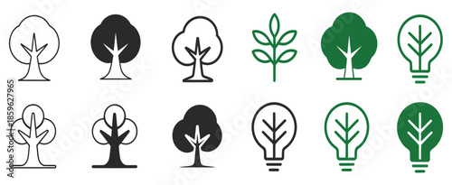 eco friendly energy icon set with tree and light bulb vector symbols for sustainability renewable energy green innovation and environmental awareness design.