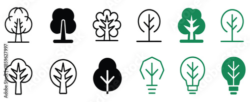 eco friendly energy icon set with tree and light bulb vector symbols for sustainability renewable energy green innovation and environmental awareness design.