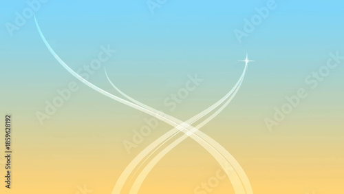 Swoosh curves intersecting with a star on a gradient blue and orange background