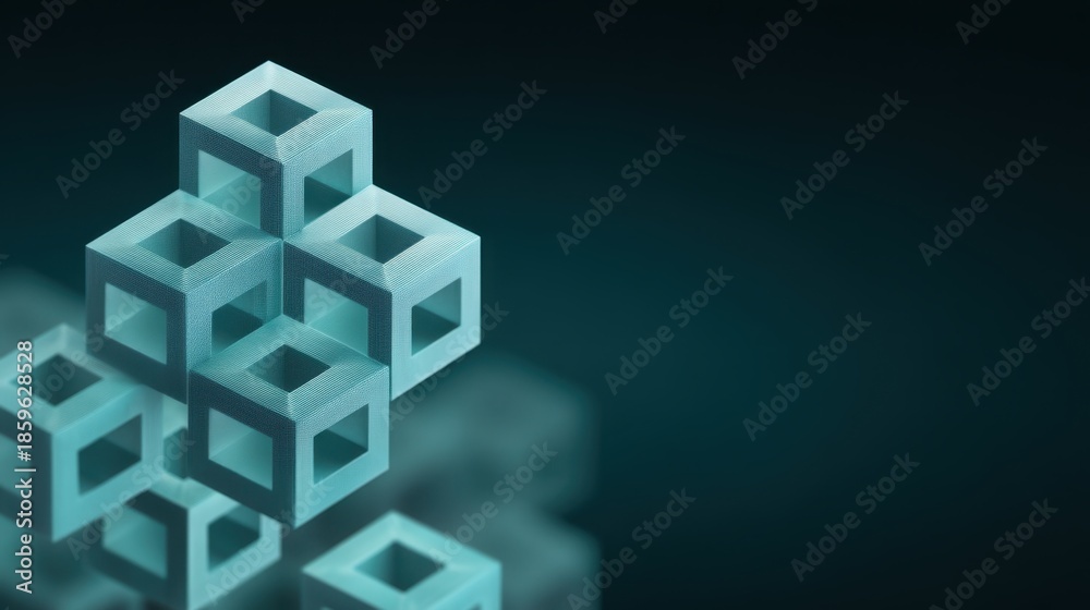 Fototapeta premium Abstract 3D geometric shapes in teal color with transparent frames, creating a visually intriguing pattern and depth on a dark background
