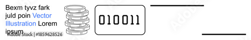 Data protection, digital storage, binary code, technology, programming, cybersecurity. Stacked discs beside binary numbers on a screen. Data protection and digital storage concept