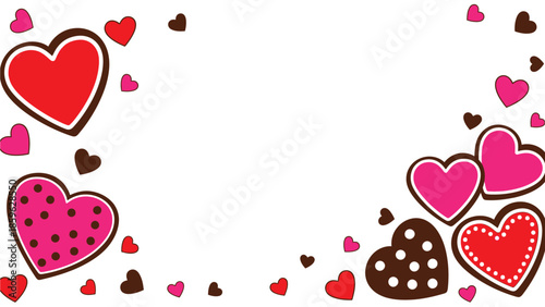 Festive red and pink hearts scattered on a clean white background, perfect for romantic celebrations.