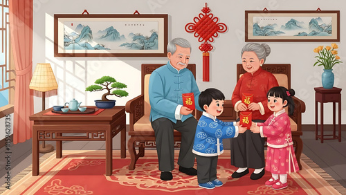 Warm Family Gathering Grandparents Give Lucky Red Envelopes to Joyful Children During Chinese New Year Celebration