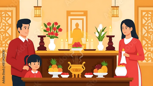Vietnamese family celebrates a profound traditional ceremony, observing cultural customs and ancestor worship at a beautifully adorned home altar with offerings