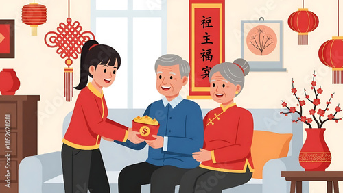Heartwarming Chinese New Year celebration as a young girl presents traditional gold ingots to her elderly grandparents, symbolizing good fortune and filial piety