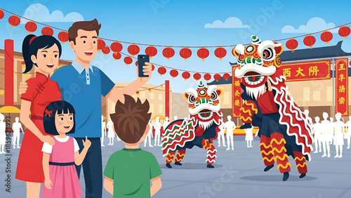 Family enjoys a vibrant Chinese New Year celebration with lion dances and red lanterns in a bustling street market