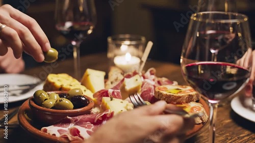 Close up of appetizer platter with cheese olives and bread served with red wine inviting culinary scene