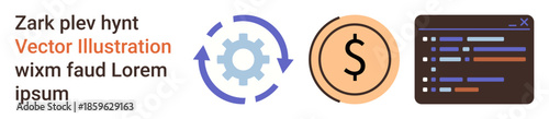 Workflow automation, financial processes, software development, coding solutions, business analysis, and data integration. Gear, circular arrows dollar symbol and code on a screen. Workflow