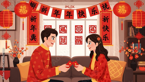 Joyful couple exchanging traditional red envelopes during a vibrant Chinese New Year celebration, embracing cultural traditions and festive spirit in a beautifully decorated home setting