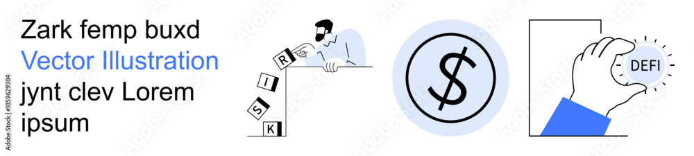 Obraz premium Risk management, financial strategy, decentralized finance, economics, personal investment, digital assets. Man handling risk blocks, dollar symbol and hand holding defi token. Risk management