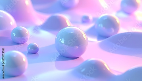 Pastel abstract of glossy spheres on a wavy surface, softly lit with gradients