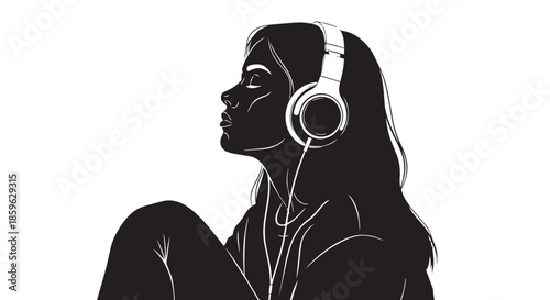 A serene silhouette of a woman engrossed in music through headphones, looking up thoughtfully