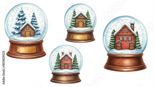 Watercolor Snow Globe Clipart Set, Winter Christmas Glass Globes with Houses and Pine Trees, Holiday Decoration Illustrations