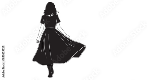Elegant silhouette of a woman in a flowing black dress captured from the back, walking away